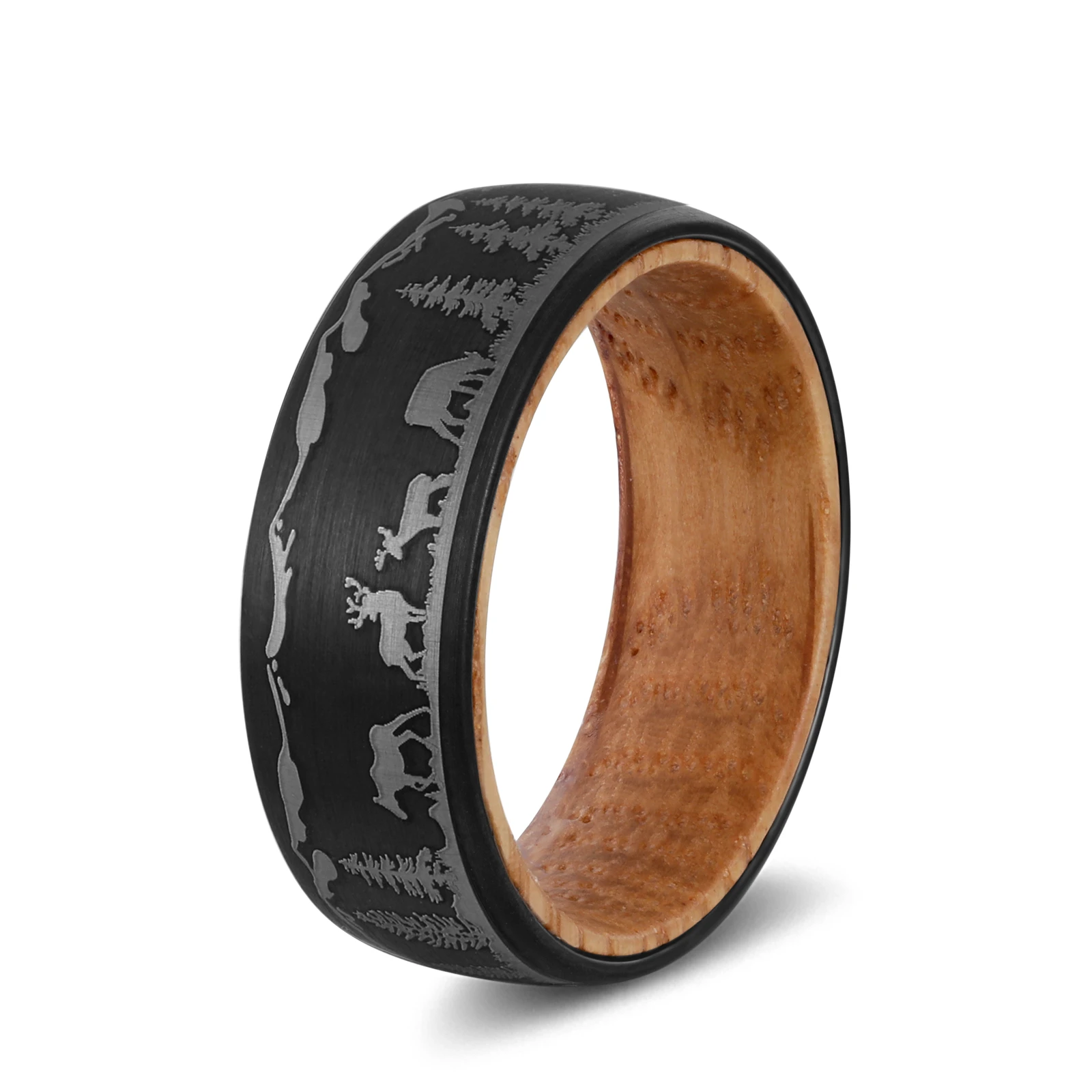 

Poya Fashion Jewelry 8mm IP Black Brushed Whiskey Barrel Ring With Pine Tree Animal Deer Lasered, Customized color