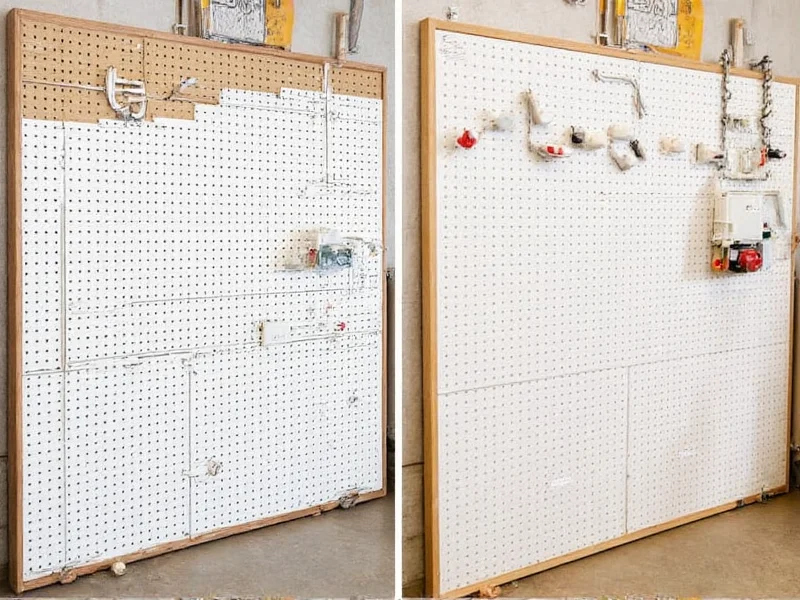 Before and after DIY pegboard installation in home workshop