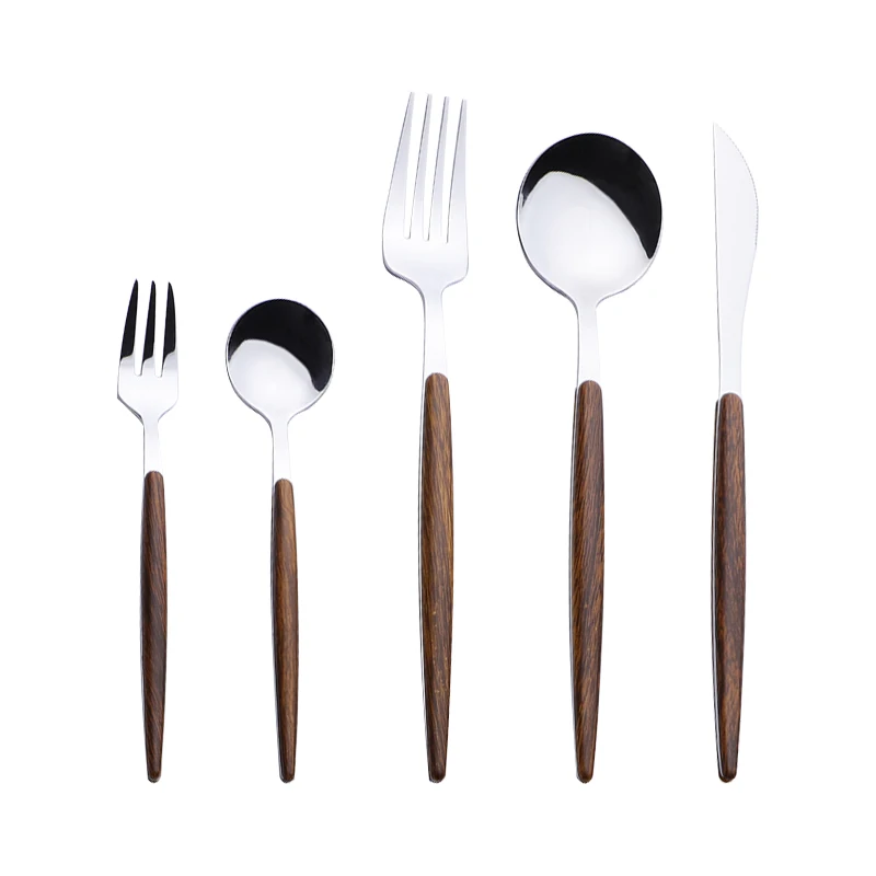 

Food grade stainless steel plastic cutlery set bamboo cutlery wood handle dinner knife fork dessert spoon flatware set