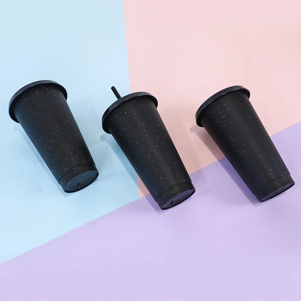 

Drinkware black color glitter wholesale reusable cold cup plastic tumbler with straw and straw