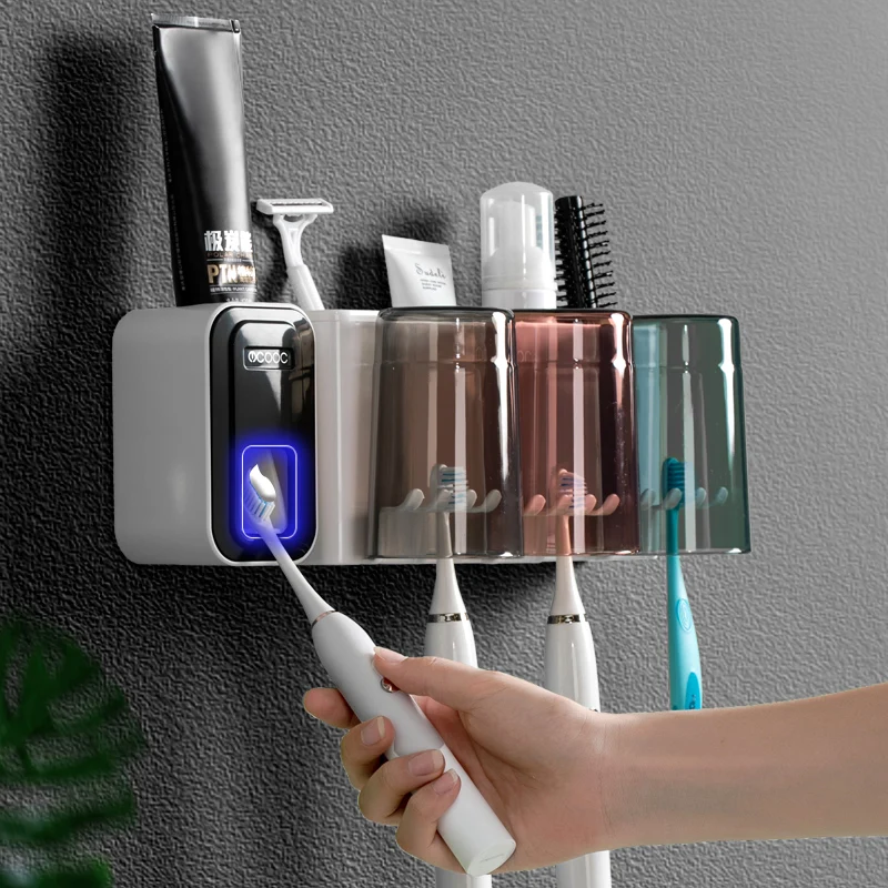 

Modern Bathroom Accessory Set Wall-Mounted Toothpaste Dispenser And Toothbrush Holder With Toothbrush Cups, Customized color