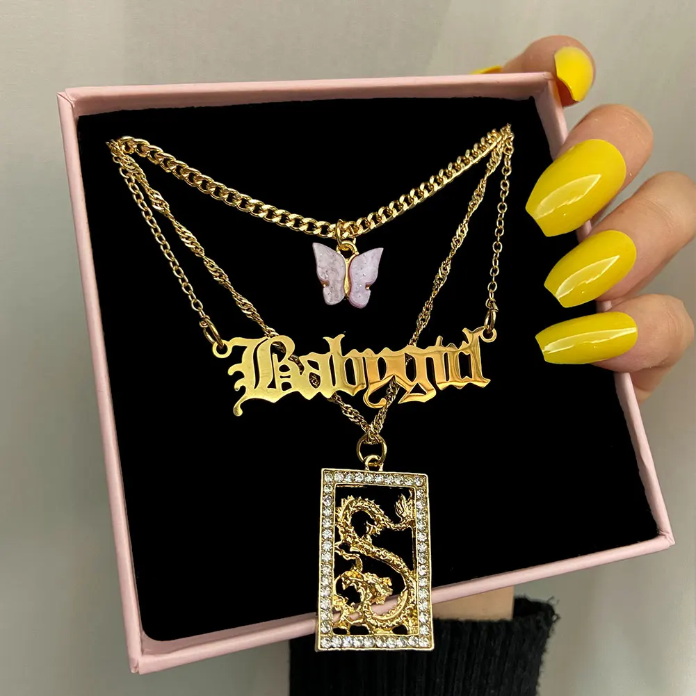 

Bohemian Wedding Party Jewelry Pink Butterfly Choker Square 3Pcs/set Crystal Dragon Babygirl Letter Pendant Necklace, Gold color