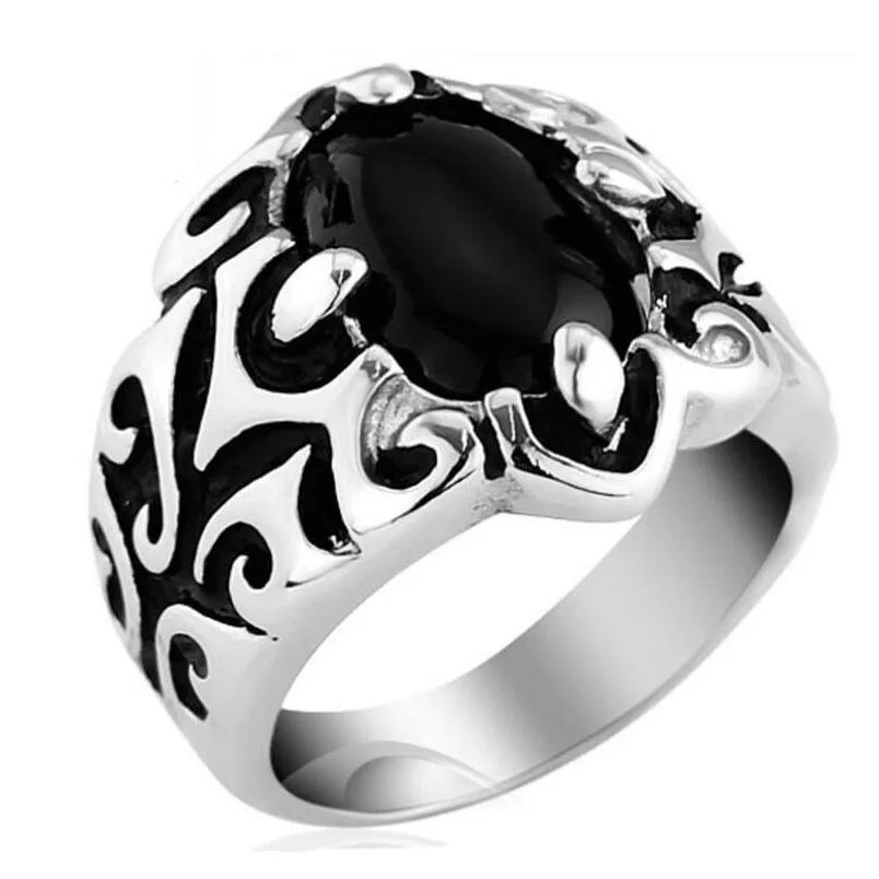 

Fast Delivery Hot Sale Personality Men Korean Retro Black Agate Ring Stainless Steel Ring Men's Ring For Men Wholesale, Silver