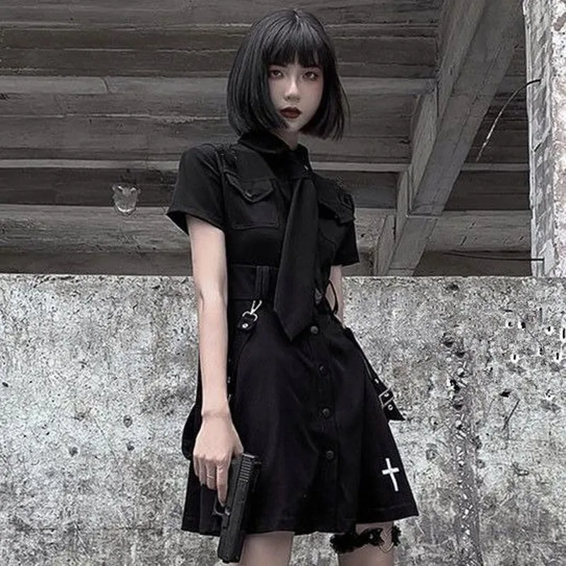 

Goth Dress Punk Gothic Harajuku Summer Black Mini Dress Shirt Women 2021 Short Sleeve Emo Clothes Mall Goth Accessories