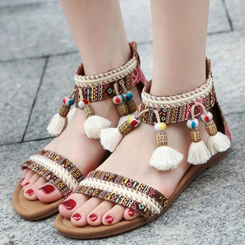 

Women Bohemian Boho Sandals Ethnic Totem Fringe Tassel String Bead Ethnic Sandals Wedge Heel Casual Flat Shoes Plus Size