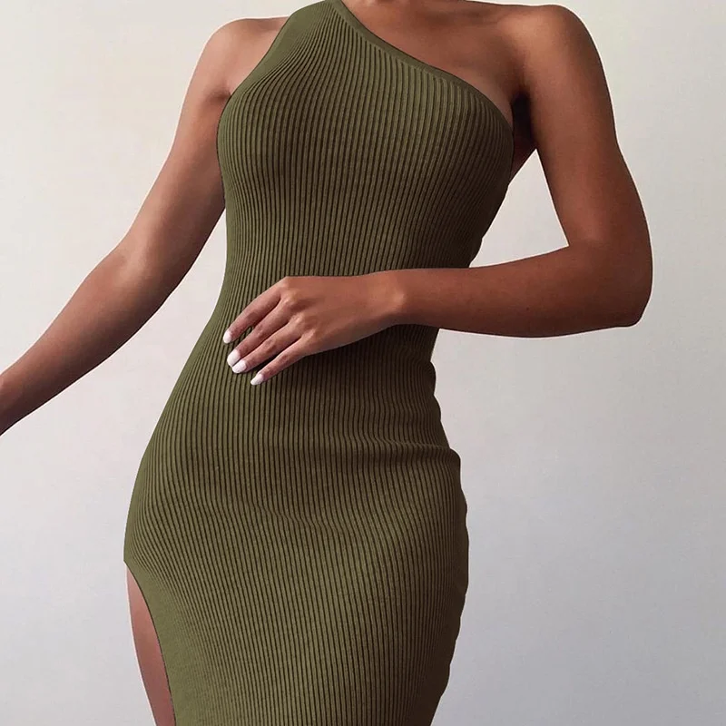 

MT151-5588 New irregularly split one-shoulder sexy slim threaded dress