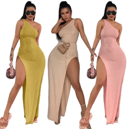 

Wholesale 2021 lady dress solid color one shoulder woman's summer dress nightclub style asymmetrical dress