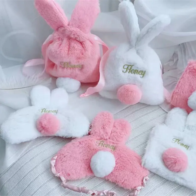 

Cute Bunny Ears Plush Pocket Bag Gold Embroidered Letters Flannelette Long Eared Rabbit Drawstring Gift Makeup Bag