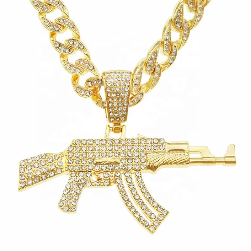 

Punk AK47 Gun Pendant Necklace Gold Plated Rhinestone Cuban Link Chain Necklace For Men