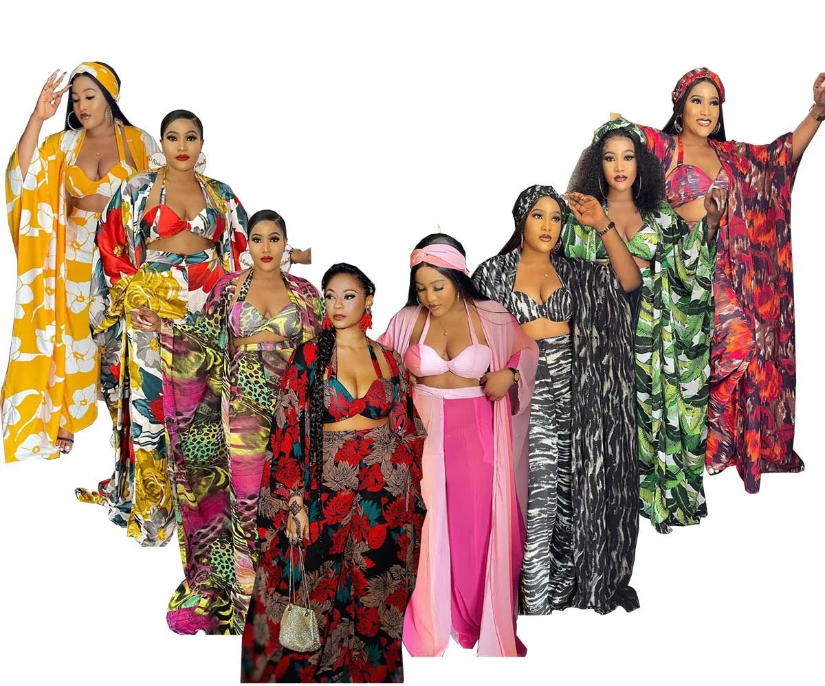 

HYD6997 Fashionable digital printing loose blouse loose trousers with bra headscarf 4 African women's set
