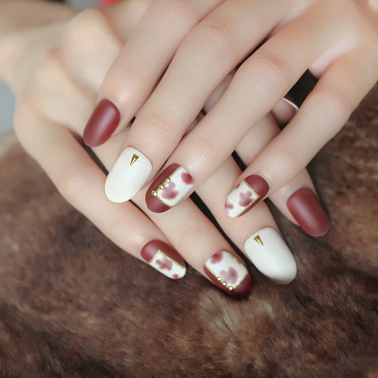 

Flower pattern round pre glued press on nails nail press on short false nails press