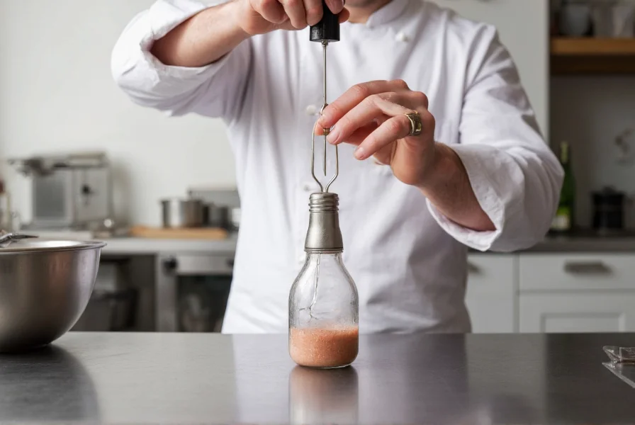 Chef measuring liquid salt solution in professional kitchen with precision dropper