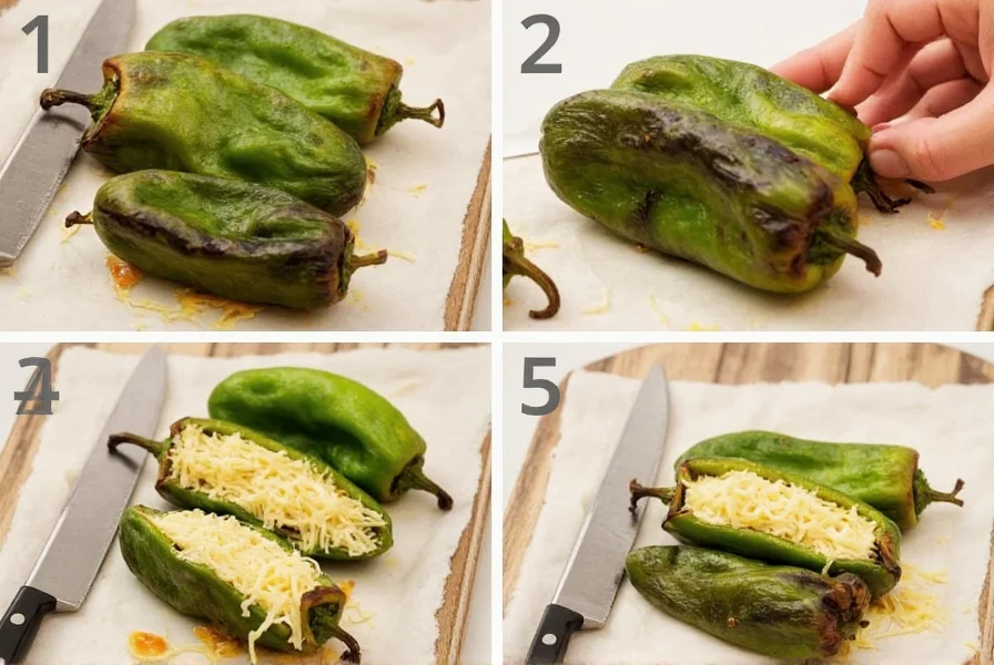 Step-by-step preparation of roasted poblano peppers for easy chili relleno recipe showing blistered skin and cheese filling
