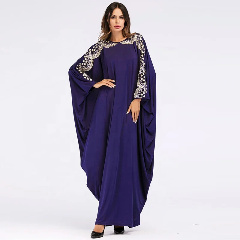 

Wholesale Dubai Sequins Bat-wing Sleeve Robes Solid Color Islamic Clothing Muslim Maxi Dress For Women, Navy