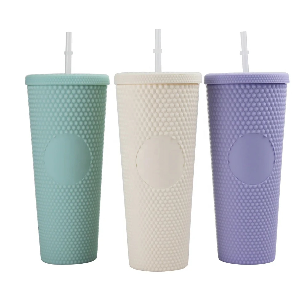 

710ml Mint Cream Studded Plastic Tumbler with Lids and Straws Insulated Double Wall studded tumbler matte Drink Cups In Bulk, Customized