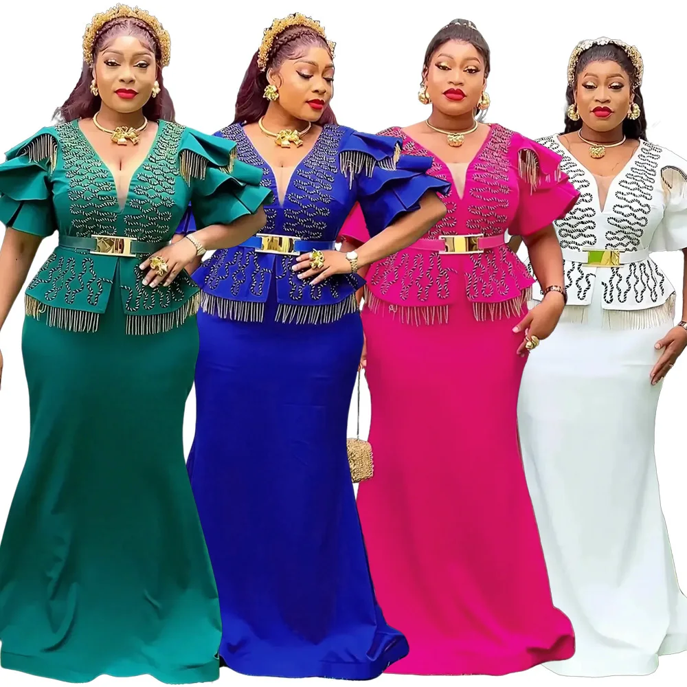 S10306 Luxury Plus Size Women Evening Dresses Elegant V-Neck Embroidered Gold Tassel Church Dress for Women Party Dress