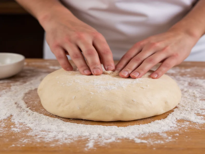 Hands kneading soft flatbread dough on floured wooden surface