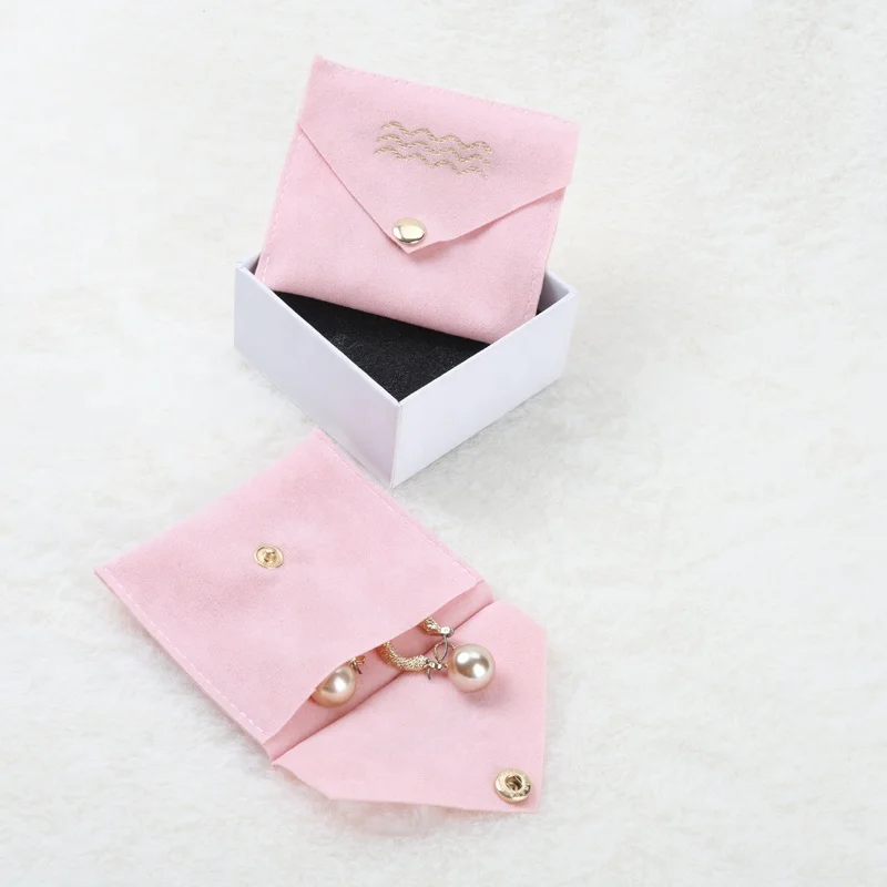 

Custom Logo Printed Button Close Suede Envelope Gift Bag Small Pink Suede Jewelry Pouch, Natural color, off white color, white color, black color , red etc