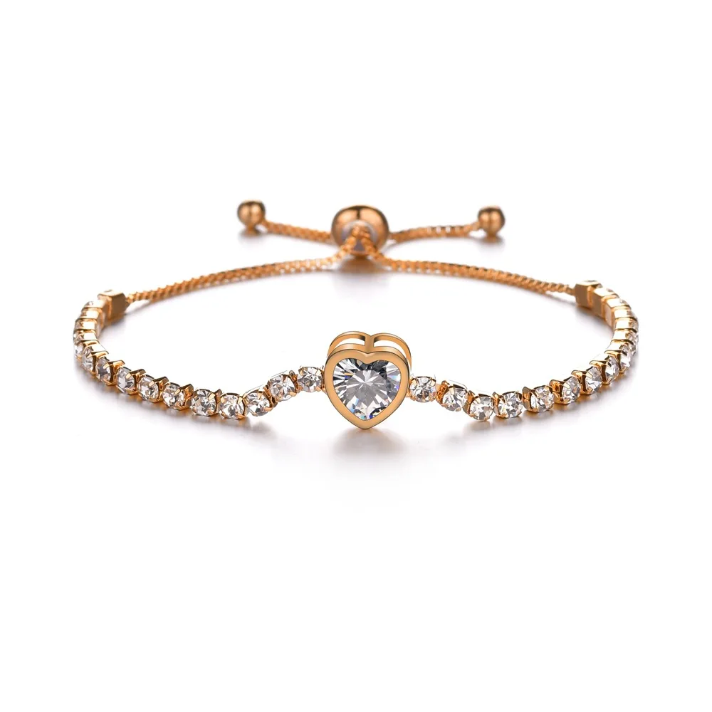 

18k Gold Filed Full CZ Rhinestone Adjustable Tennis Bracelet Crystal Zircon Heart Bracelet for Valentine's Day Gift