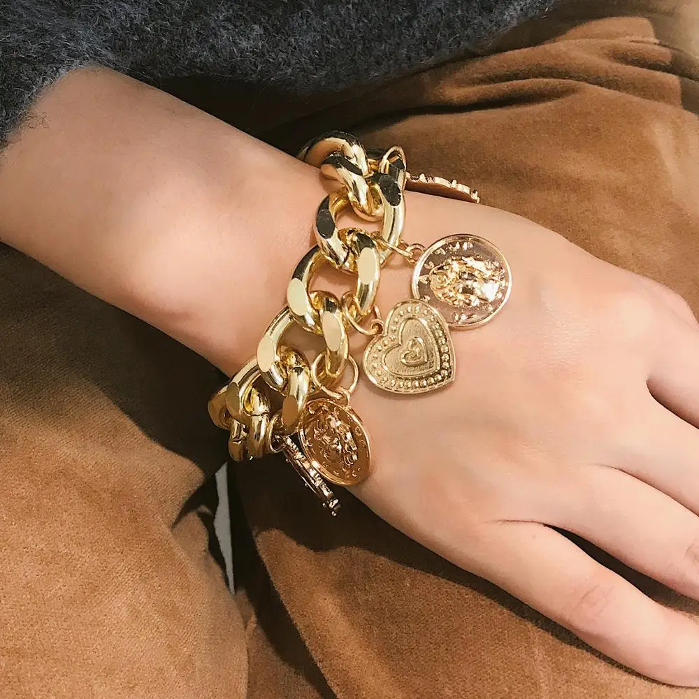 

2020 Punk exaggerated chain coins retro jewelry bracelets embossed portrait geometric gold bracelets for woman