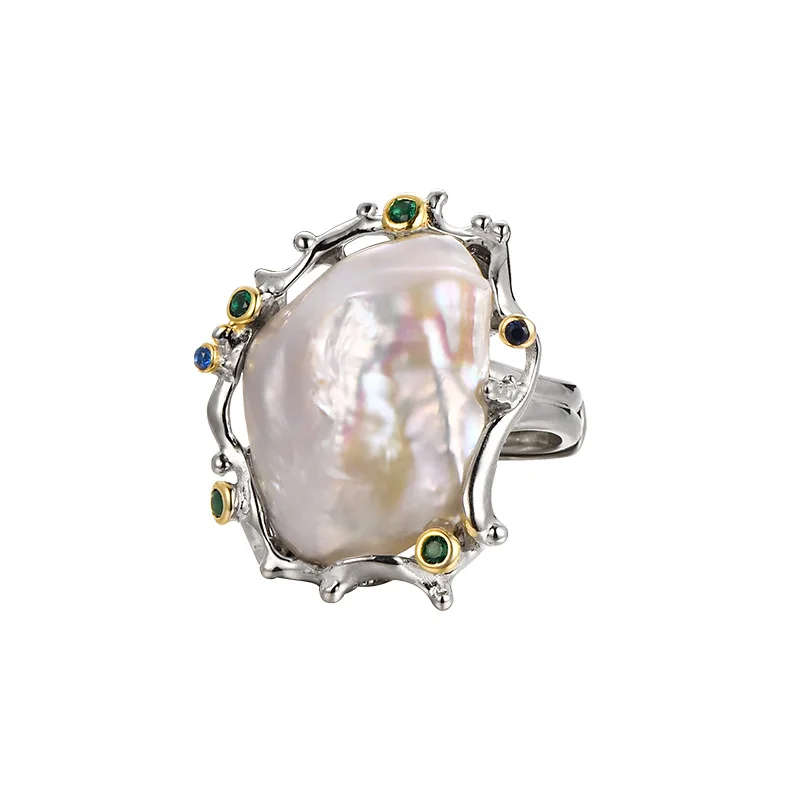 

New Arrival Vintage Pearl Ring for Women Italian S925 Sterling Silver Inlaid Baroque Pearl Irregular Exaggerated Big Ring