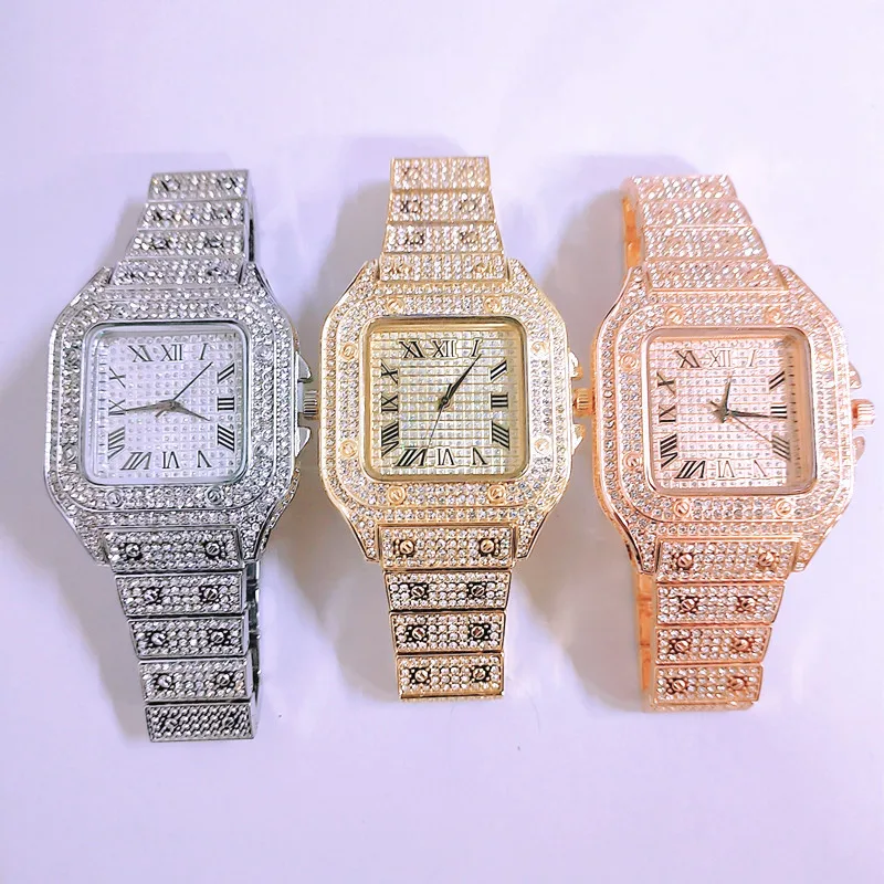 

Wholesale Hip Hop Luxury Square Wristwatch Bling Iced Out Diamond Quart Watches For Men and Women ACCESSORIES