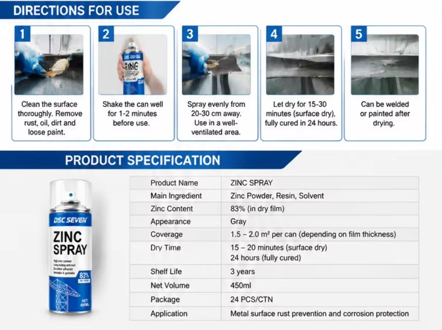 83% Zinc Spray Aerosol Can Cold Galvanizing Rust Protection Touch-Up Coating for Welding Seam & Damaged Metal