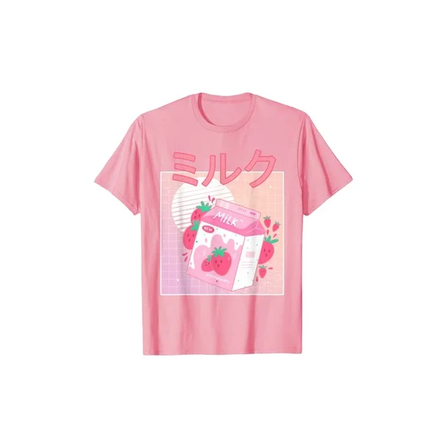 

Fun Retro 90s Japan Cute Strawberry Milk Shake Carton T-shirt Women's Short-Sleeved Cotton Tops Harajuku Graphic Oversized Tee