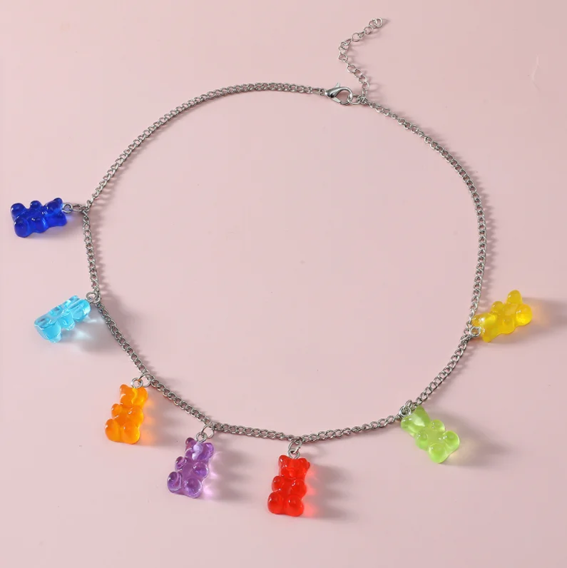 

2021 new fashion rainbow Pop color bear necklace sweater chain women, Picture shows