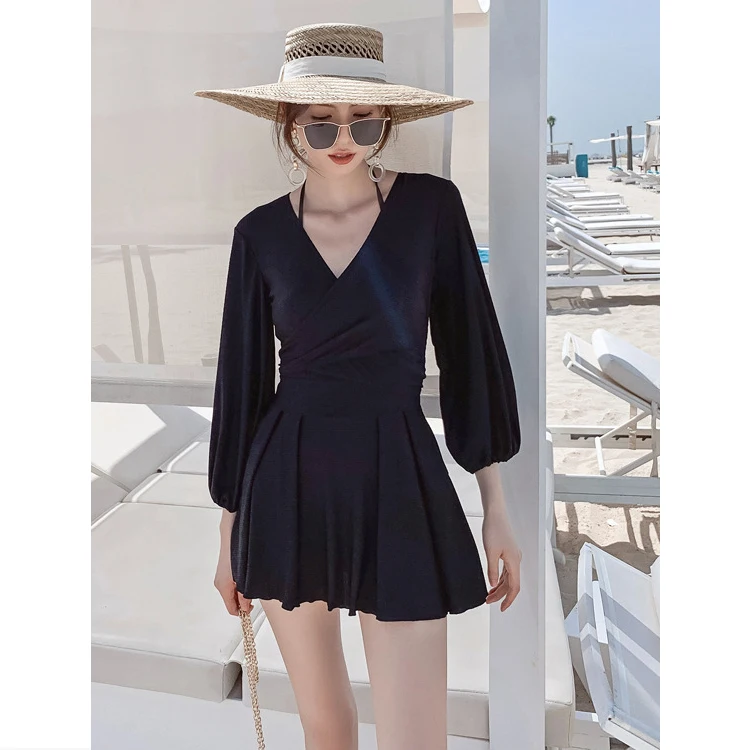 

Long Sleeve Hot Spa Conservative Slim Fit Back Tie Swim Skirt Dress