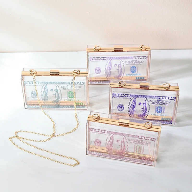 

Hot sale handbags for women U.S dollar transparent bag women cluth money purses jelly shoulder bag, Clear