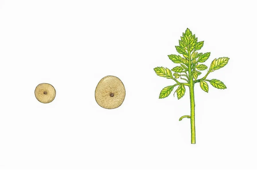 Botanical illustration showing the size comparison between a mustard seed and mature mustard plant