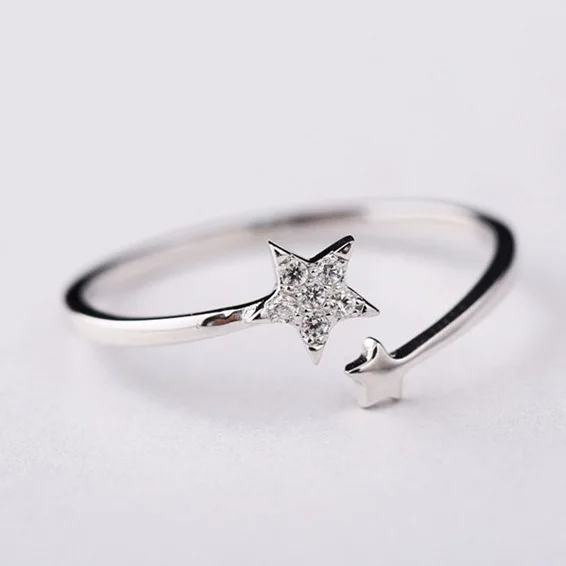 S925 Sterling Silver Open ring star five pointed star diamond ring Korea sterling silver jewelry wholesale