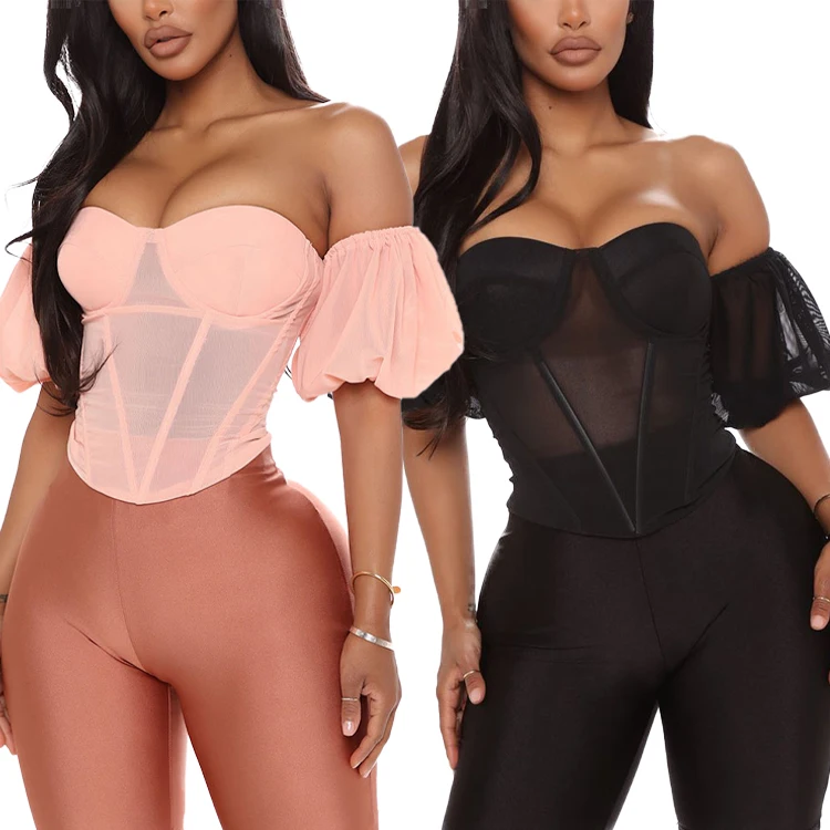 

Underwire Boned Corset Women Off Shoulder Sheer Mesh Blouses Black Short Puff Sleeve Push Up Padded Sexy Tops Summer, Pink,black
