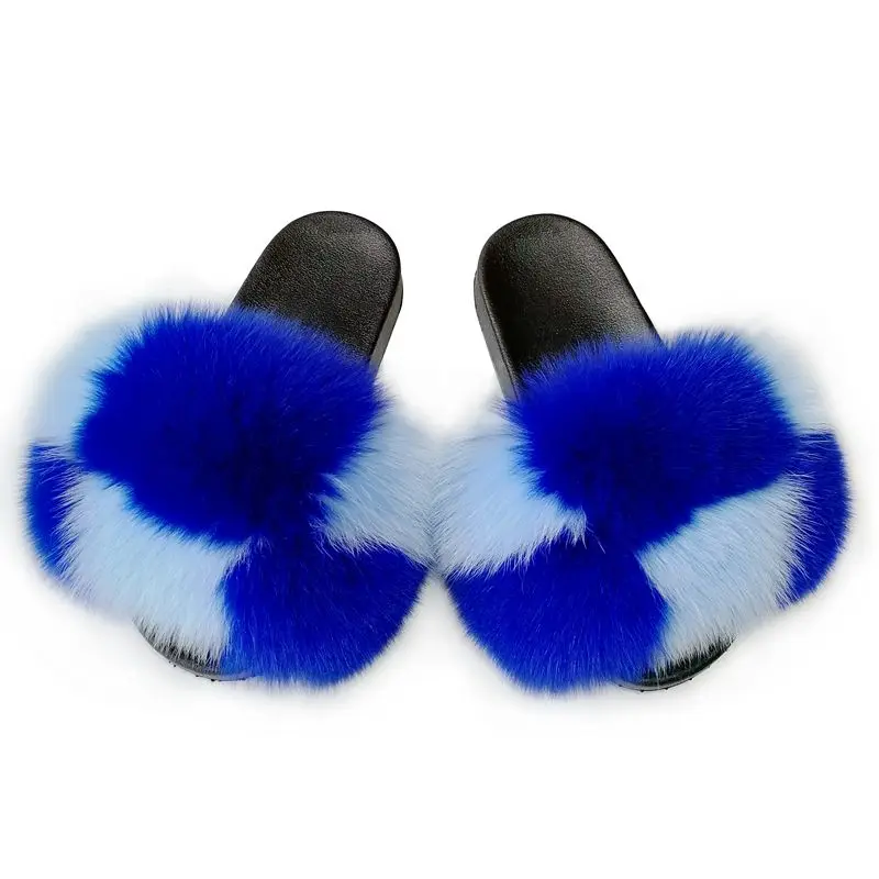 

Wholesale luxury designer fur slides fluffy furry real big fox raccoon big fur sandal slipper slide fur slide for women, Multi color single color
