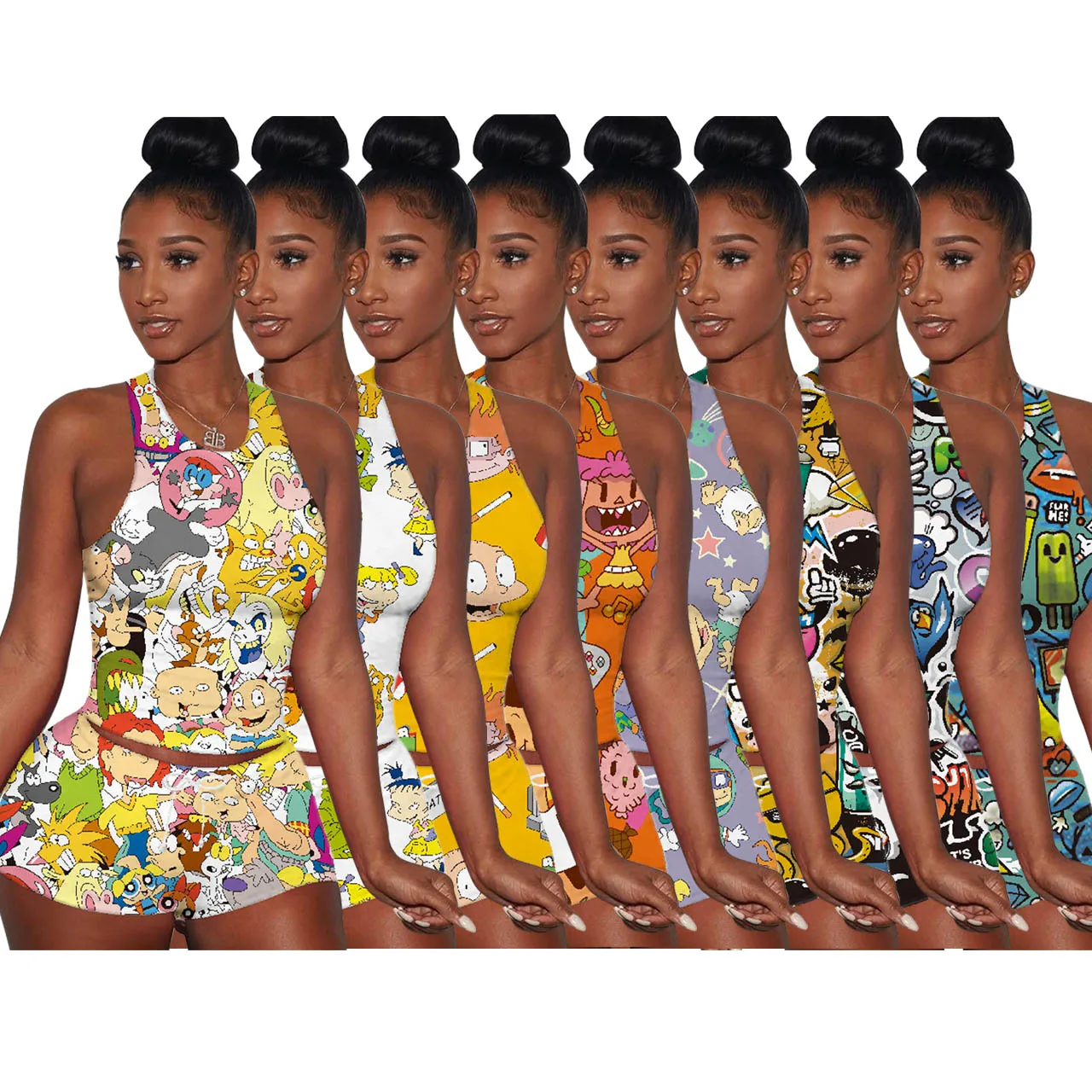 

2020 Summer Casual Slim Multicolor Cartoon Printed Sports Vest Women Two-piece Sets 202005111085