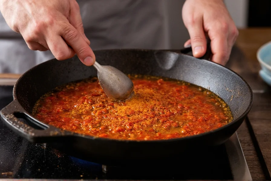 Chef's hands stirring a cast iron pot with chili mix blooming in oil, showing the cooking technique