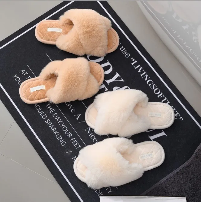 

Women Faux Fur Slide Vegan Slippers Open Toe Fluffy House Indoor Slides girls Fashion slippers