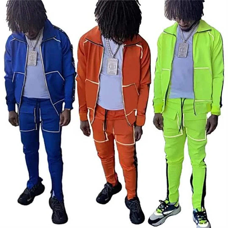 

High Quality Custom Logo Stripe Sweatsuit Joggers 2 Piece Sets Zipper Suits 3m Reflective Tracksuits For Men, 7 colors