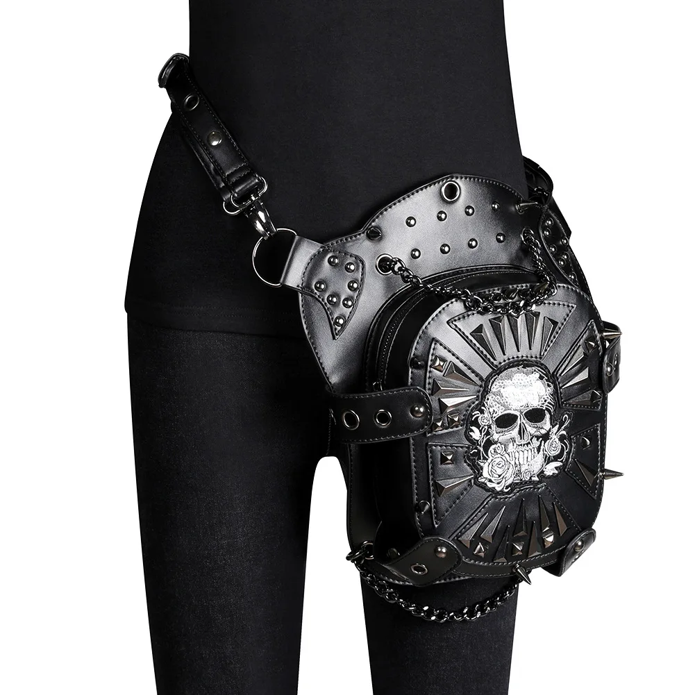 

New Creative Men Women Cool Personality Punk Rivets Skeleton Typed PU Multi-Functional 4 in 1 Waist Bag Locomotive Backpack Bags