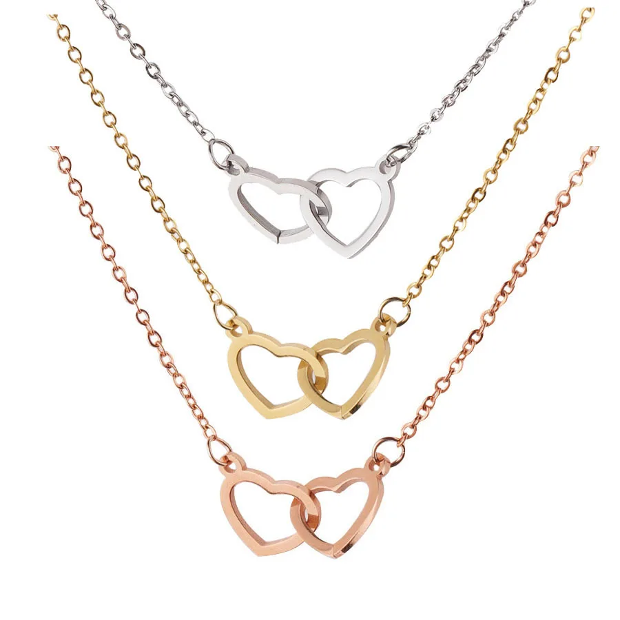 

Fashion stainless steel clavicle chain interlocking double heart necklace