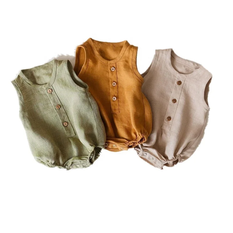

OEM UK Australia Infant Bodysuits Boys Linen Summer Sleeveless Front Buttons Newborn Clothes Designer Linen Baby Rompers, Brown,green,coffee,beige,pink,red