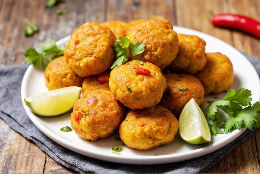 Golden brown Hatch pepper corn fritters on white plate, served with lime wedges and cilantro garnish, rustic wooden table