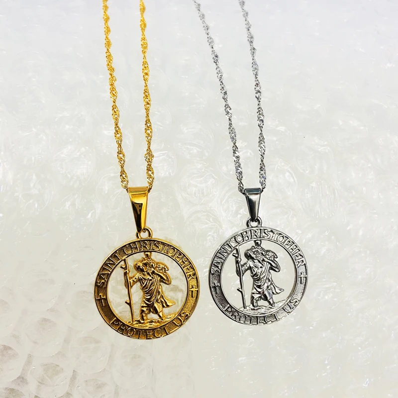 

Silver Gold Round Medallion Antiqued Religious Protector Talisman Circle Pendant Saint Christopher Protect Us Necklace Jewelry