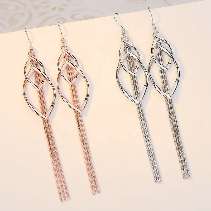 

Korean Silver Color Brass Double Long Tassel Geometry Twist Loop Three String Chain Dangle Earrings Trendy Jewelry 2021