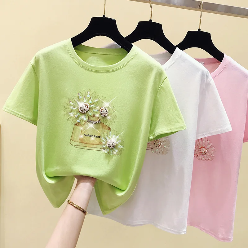 

Short sleeve top white tees tshirts for ladies t shirt with beaded women kawaii clothing 2020 woman summer clothes, 50 color