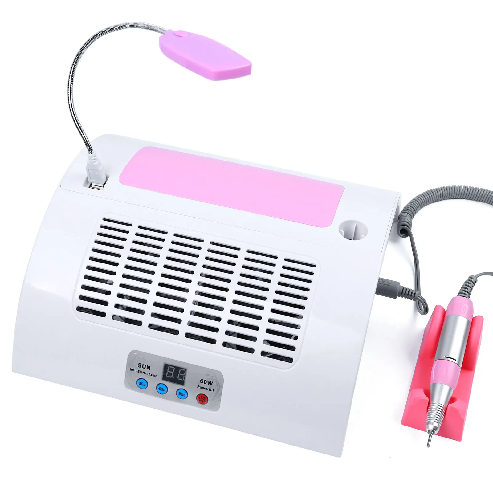 

UV Led Nail Lamp Gel Polish Dryer Electric Drill Machine Nail Dust Collector Fan Vacuum Cleaner Multifuncion Manicure Machine, White and pink