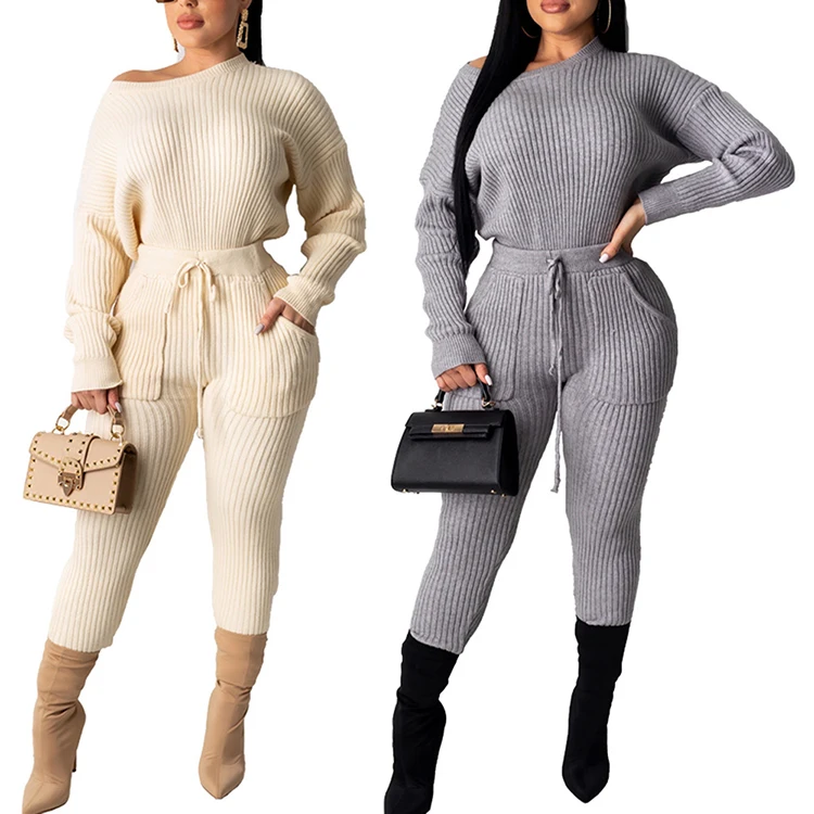 Winter Stylish Plain Long Sleeve Pullover Knitting Sweater Women Fashionable 2 Piece Sets