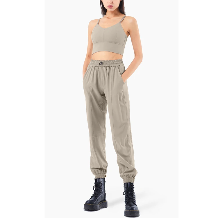 

2021 New Color Lulu Luxury Brand Quality Thin Strap Top Drawstring Khaki Gym Yoga Set with Pockets, 3 colors