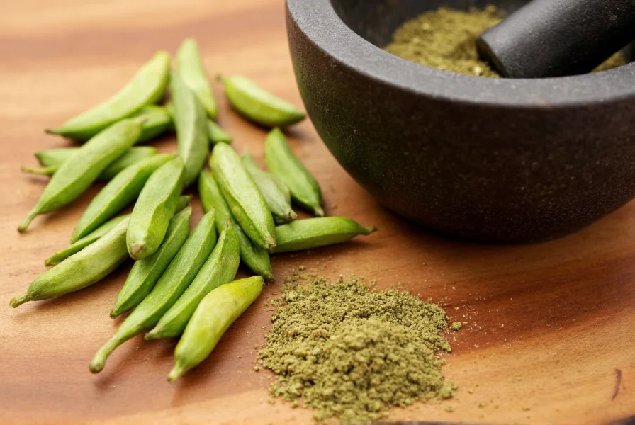 Close-up photograph of green cardamom pods next to freshly ground cardamom powder on wooden cutting board with mortar and pestle